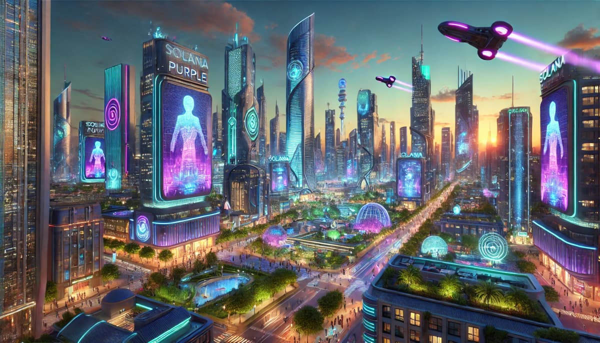 Futuristic cityscape with holographic displays